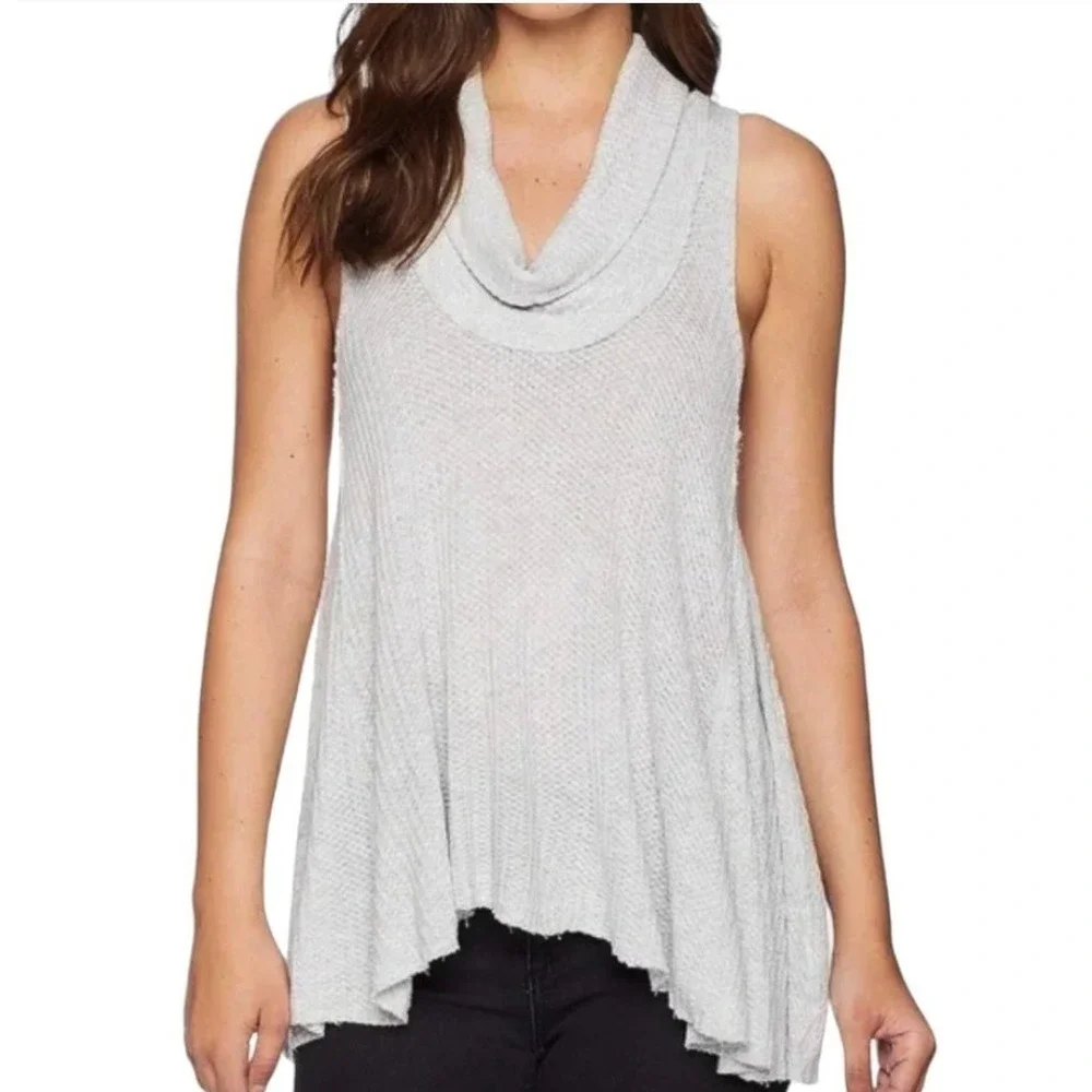 Free People -1649 NWT Swing It Cowl Neck Grey Sleeveless Waffle Knit Tunic Top M